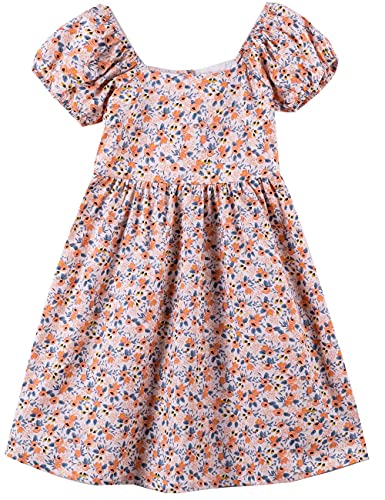 Noomelfish Girls Short Sleeve Floral Dress Casual Flower Printed Smocked Dresses (2-12 Years)