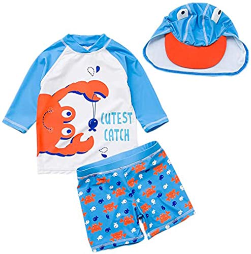 Baby Toddler Boys Two Pieces Swimsuit Set Crab Bathing Suit Rash Guards with Hat UPF 50+ (3-4 Years, Light Blue)