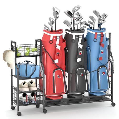 Golf Bag Storage Rack For Garage With Wheels, Organizer For 3 Golf Bag And Equipment Accessories, Golf Organizer Stand Ideal For Home, Garage, Club, Shed, Basement - Sturdy And Durable (Black)