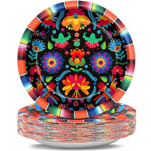 Image of 48PCS Mexican Fiesta Paper Plates 7 inch Fiesta Party Plates Disposable,Mexico Mayo Dessert Plate Supplies Decor for Day of The Dead Dia De Los Muertos Taco Dance Pinata Colorful Ponchos Dinner Tableware