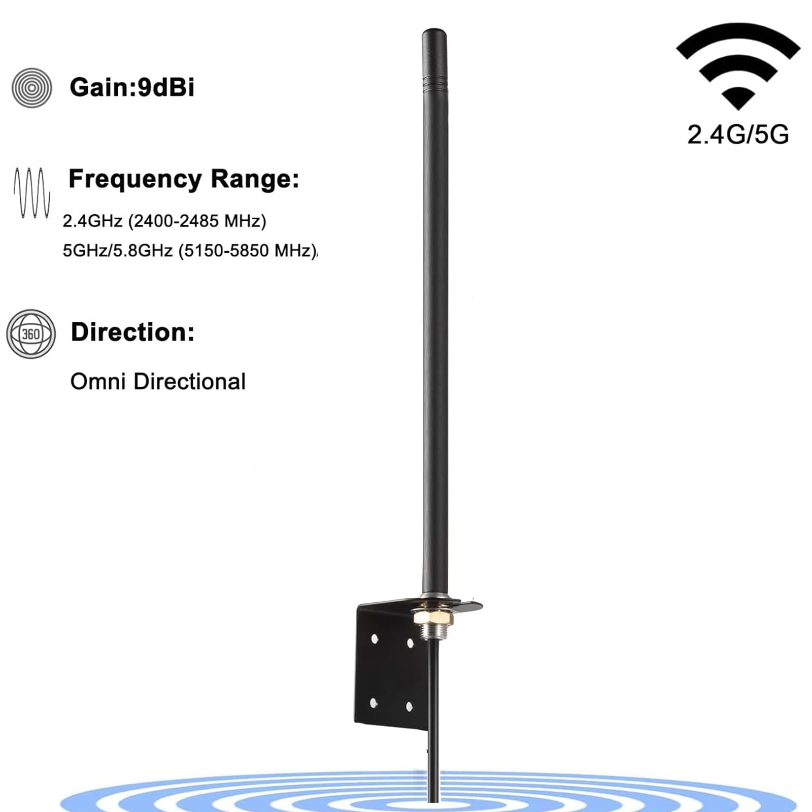 Antenne WiFi extérieure double bande 9 dBi 2,4 GHz 5 GHz/5,8 GHz pour points d'accès routeur WiFi, caméra IP de sécurité sans fil, caméra de camping-car, Eifagur