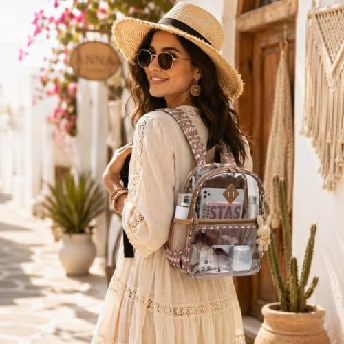 Image of MUSEVOS Clear Backpack for Stadium Events Approved 12x6x12, Thick TPU Mini Clear Bag with Front Pocket for Concert Sport Events Work Travel, Brown Boho