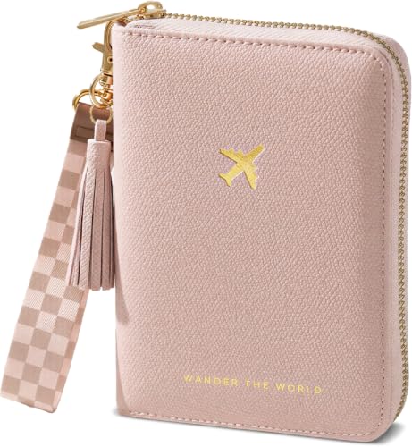 Image of Stylish Passport Holder for Travel with Detachable Wristlet Strap, Pink, 6.4 x 4.6 x 0.7 inches, Modern | All-in-one Travel Wallet Organizer for Women - Secure Money Belt Alternative with Card Slots and Tassel Keychain