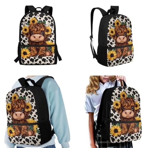 WELLFLYHOM Personalized Highland Cow Kids Book Bags for Girls Ages 6-8 Custom Sunflower School Bookbag and Lunchbox Pencil Case Water Bottle Sleeve 4 Pcs Kids Backpack Set2