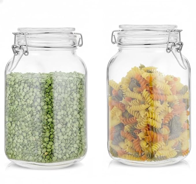 Glass Storage Jar 1600 ML Pack of 2 with Airtight & Leak Proof Lid | Large Kitchen Container for Pickle, Dry Fruits, Snacks, Cookies, Pulses, Spices & Food Storage B