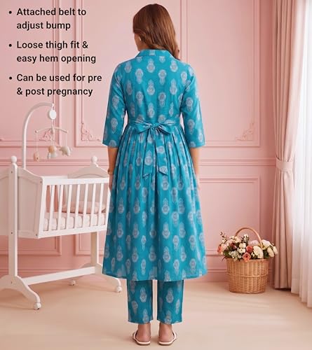 Image of DUMMY SHAPE Maternity Dresses for Women Cotton Rayon | Floral Kurta Pant Dupatta Set with Nursing Zippers to Pre & Post Partum | Feeding Kurtis | Mom to Be Gifts for Pregnant Woman