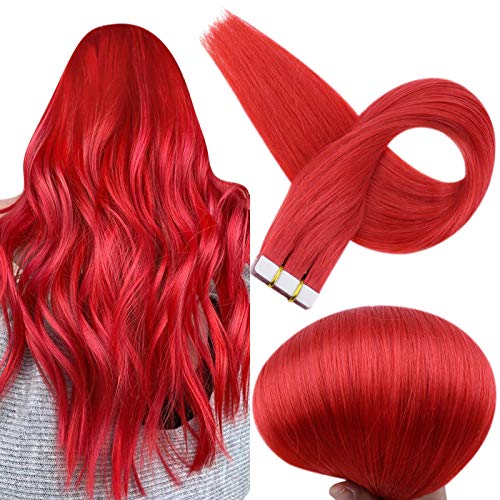 Full Shine Hair Extension Tape 12Inch Red Tape in Hair Extensions Human Hair 20Gram 10Pieces Tape in Human Hair Extensions for Women