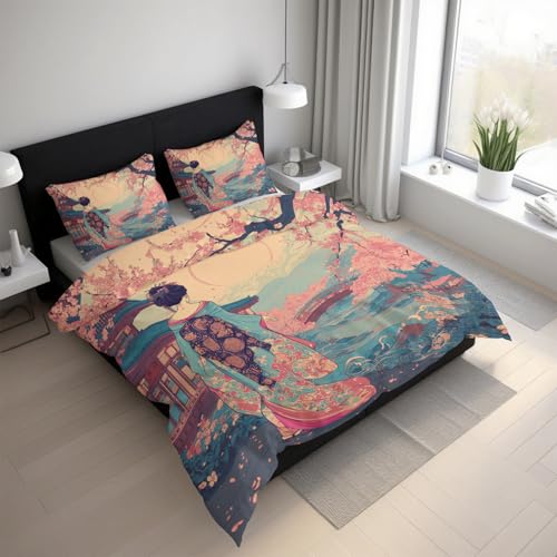 Genérico Funda Nordica Cama 150 Geisha Japonesa Funda Nórdica 155x220 Oriental Asiático, Suave Microfibra Ropa de Cama 3 Piezas, 2 Funda de Almohada, con Cremallera 21D&-61