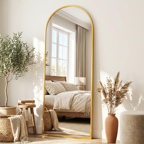 Image of Full Length Mirror, 58 inchx19 inch Arched Floor Mirror Freestanding, Floor Standing Full Body Mirror with Stand for Bedroom, Hanging Mounted for Living Room Cloakroom, Gold
