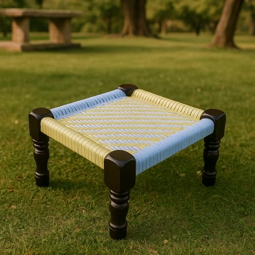 Image of Traditionnal Wooden Rope Pidda Khatli Peedi Mudda Chowki Stool for Sitting,Puja,Home and Outdoor 15x15x8.