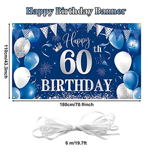 Image of 60th Birthday Banner Backdrop,BTZO Happy 60th Birthday Decorations,Blue Silver Fabric Photo Backdrop Background for Men and Women 60th Birthday Party,70.8 x 43.3Inch