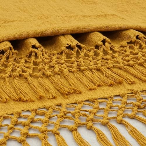 Image of HAKAM Throw Blanket for Sofa & Bed | Soft Cotton Sofa Throw | Bohemian Aesthetic Blanket | Sofa Cover Throw with Handmade Tassels | Lightweight Blanket (Mustard Yellow, 128x178 cm)