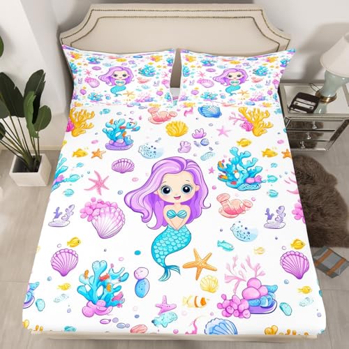Watercolor Underwater World Fitted Sheet Twin,Cartoon Ocean Themed Bed Sheet 2 Pieces(No Flat Sheet),Lovely Mermaid Girls Bedding Set for Kids Adults,Colorful Sea Animals Deep Pocket Sheet