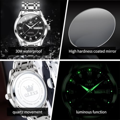 Image of OLEVS Watch for Men Classic Business Dress Analog Quartz Stainless Steel Waterproof Luminous Date Diamond Men Silver Watch