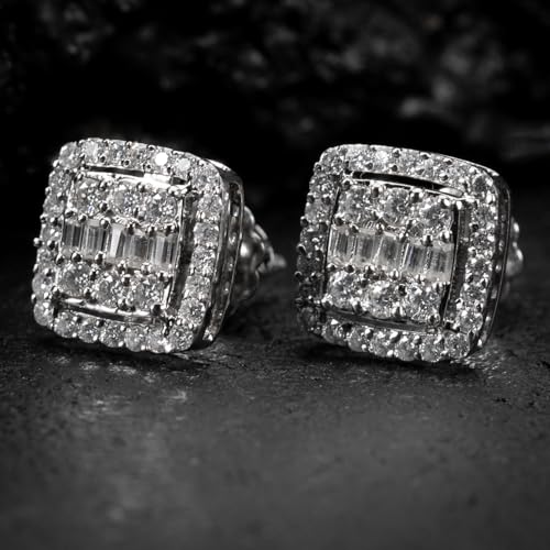 Square White Gold Plated 925 Sterling Silver Unisex Hypoallergenic 5A Cz Stone Large Iced Hip Hop Micro Pave Iced Baguette Stud Screw Back Post Big Earrings Jewelry Gifts For Men Women4