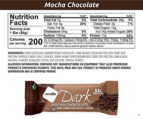 Image of NuGo Dark Chocolate Mocha, 11g Protein Bar, Vegan, Gluten Free, Non-GMO, Kosher Pareve, 12 Count