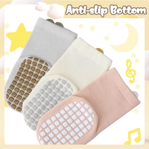Jspupifip Toddler Non-Slip Socks with Grips for 0-1 Years 5 Pairs Cotton Cute Baby Cartoon Floor Crew Socks Indoor Soft Cotton Frilly Ankle Sock3