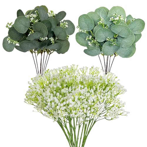 HONQX Artificial Eucalyptus Stems 24 Pcs Gypsophila Artificial Flowers Greenery Foliage Faux Eucalyptus Plant Stems Leaves for Wedding