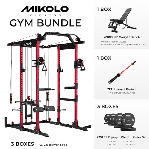 Image of Mikolo K6 2.0 Power Cage, Power Rack with Cable Crossover System, 2000LBS Squat Rack with LAT Pull Down System, Functional Trainer with Aluminum Pulley System for Home Gym