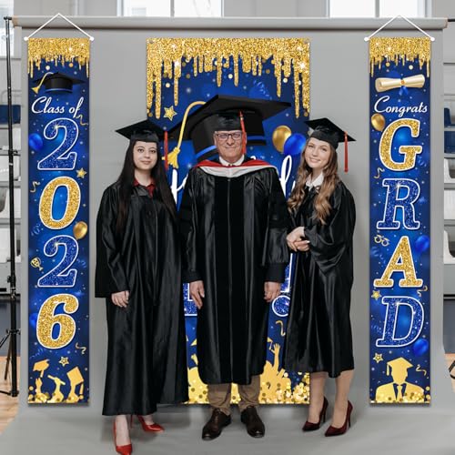 Image of Blue and Gold Graduation Decorations Class of 2026 Congrats Grad Banner and You Did It Graduation Door Cover for High School College Grad Party Supplies(Blue)