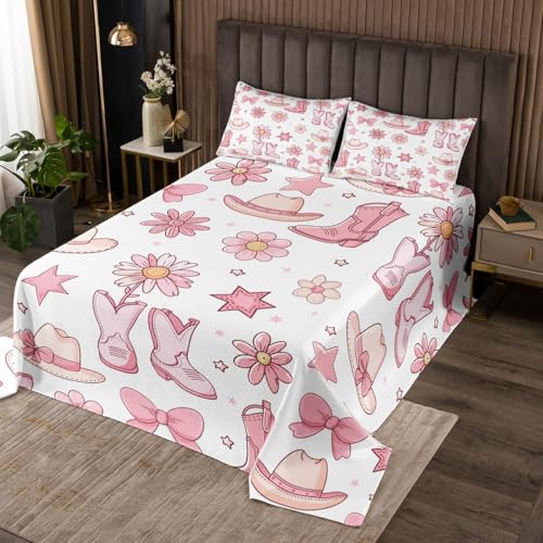 jejeloiu Cowgirl Coverlet Set Cowboy Boots Hats Bedspread for Kids Boys Girls Pink White Flower Bedspread Western Quilted Room 3Pcs Queen Size
