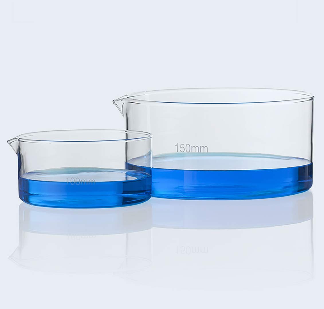 Glasflasche, Kristallisierschale aus Borosilikatglas 3.3 mit flachem Boden und Kerbe in mehreren Größen(100mm)