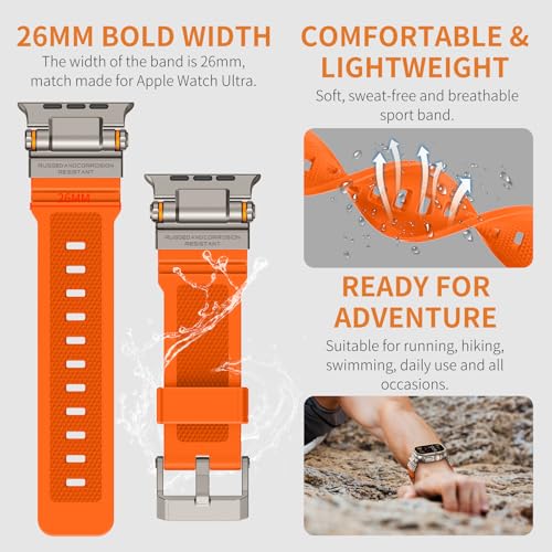 Image of FOAMUNOC Rugged Band Compatible with Apple Watch Ultra 3 /2 /1 Band 49mm /46mm /45mm /44mm /42mm, Metal Connector with Strap for iWatch Ultra Series 11 /10 /9 /8 /7 /6 /SE3 /SE2 /SE /5 /4 /3 /2 /1, Orange /Titanium