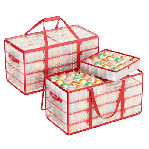 SONGMICS Set of 2 Large Christmas Ornament Storage Boxes, 16 Trays, Hold 256 Balls up to 3-Inch, Plastic Christmas Storage Containers with Lids, Dual Zippers, Side Handles, Cherry Red URFB02