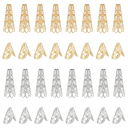 UNCRAFTALE 40Pcs 2 Colors 2 Size 12/22mm Stainless Steel Long Bead Caps Flower Spacer Beads Hollow Bead Cone End Caps for Jewelry Making Bracelet Necklace Earrings