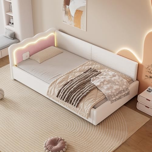 Polsterbett Schlafsofa 90x200 cm, L-förmiges Einzelbett mit LED, Gästebett Daybett Tagesbett, Bettgestell mit Lattenrost, Ohne Matratze, Weiß – Bild 6