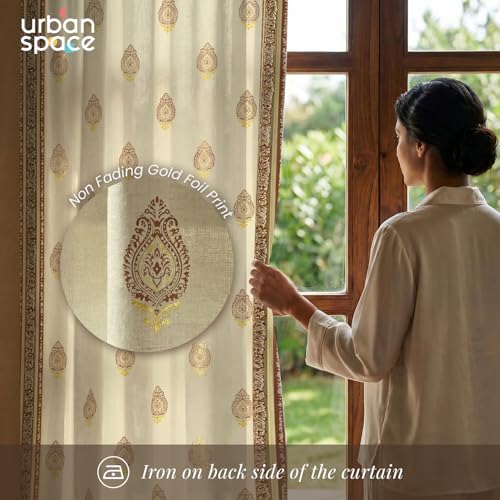 Image of Urban Space 100% Cotton Curtains with Gold Foil Print | Upto 60% Light Blocking Window Curtain 5 feet I Set of 2 Decorative Curtains with Eyelets and Tieback Included (Zari Buta Brown Gold - 5 feet)