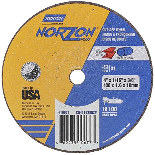 Norton 66243510677 4x1/16x3/8 in. NorZon Plus SGZ CA/ZA Reinforced Cut-Off Wheels, Type 01/41, 36 Grit, 25 Pack