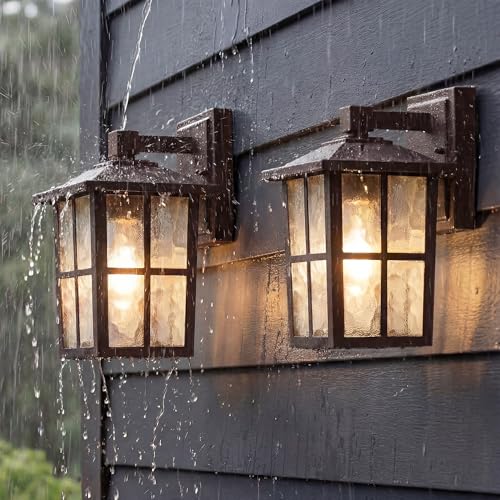 KDG Outdoor Waterproof Patio Wall Light Fixtures Set of 2, Brown E26 Socket Exterior Lanterns with Tempered Glass, Modern Wall Mounted Lamp Suitable for Home, Front Door, Garden, Garage, Porch