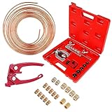 3/16 Copper Coated Brake Line Kit - Double & Single Brake Line Flaring Tool Kit with Tube Bender & 25ft Copper Coated Brake Line Includes 16 Fittings and 4 Unions Brake Line Fittings