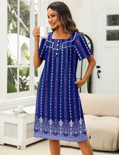 Image of Ekouaer Women's House Dress with Pocket Button Mumus | Short Sleeve Nightgown, Floral Print Mumu Dresses, Square Casual Sleepwear, Boho Roomy Housecoat, Plus Size Soft Sleepwear