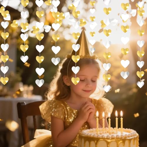 Image of Glitter Gold and White-Sliver Party Decorations Heart Streamers Garland - 39Ft Christmas Wedding Engagement Hanging Paper Banner, Bachelorette Bday Bridal Baby Shower Anniversary Decor Banners