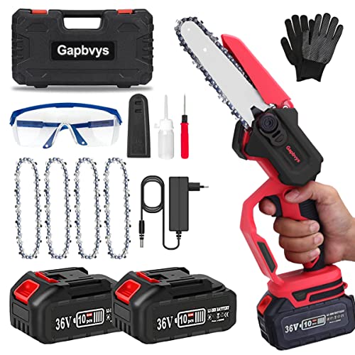 Gapbvys Mini Kettensäge mit Akku, 6 Zoll Akku Kettensäge, Tragbare Mini Elektro Kettensäge mit Akku und Ladegerät Mini Kettensäge für Gartenscheren Astschere Holzschneiden(rot)