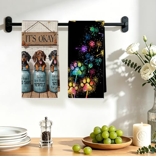 Image of 2 Pcs Dachshund Kitchen Towels 24x14 Inch, Weiner Dog Reusable Dish Towels for Kitchen Bathroom Decor, Waffle Weave Dog Paw Print Hand Cloth Tea Towel, Dachshund Gifts for Women Mom Friend