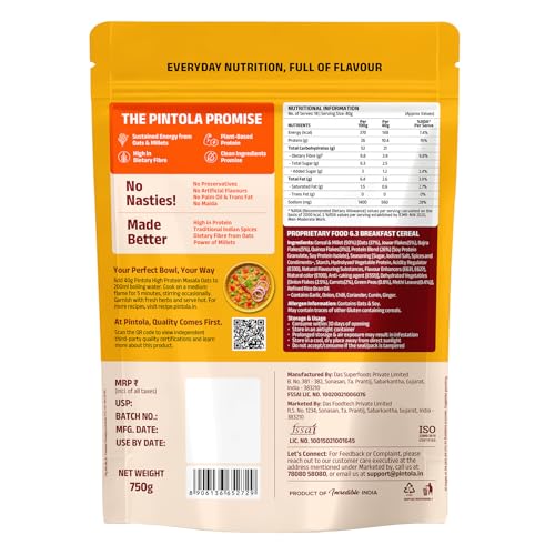 Image of Pintola 26g High Protein Masala Oats 750g, Magic Masala, Breakfast Cereal with High Fiber & Veggies, No Palm Oil, No Preservatives, 5 min Healthy Snack, Helps Manage Weight, Gym Endurance & Gut Friendly
