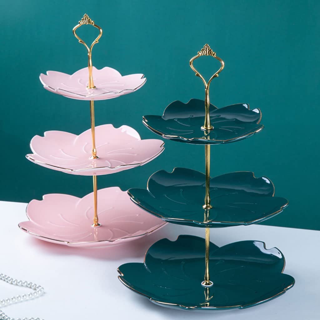 Miska na owoce, 3 poziomy koszyk owocowy ceramiczne owoce miska owoców płytki tort przekąski tacy metalowe stojak na desenice składowe Stojak na przekąski, Ciasto(Pink)
