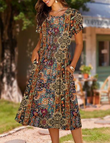 Image of HOTOUCH Women's Summer A-Line Midi Dresses 2026 Casual Floral Short Sleeve T-Shirt Dress Flowy Beach Sundress with Pockets