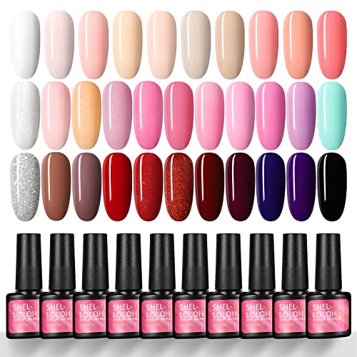 Shelloloh Nagellack-Set, semi-permanent, 32 Stück, Gel-Nagellack, semi-permanent, UV-/LED-Lampe, Basislack, Gel…