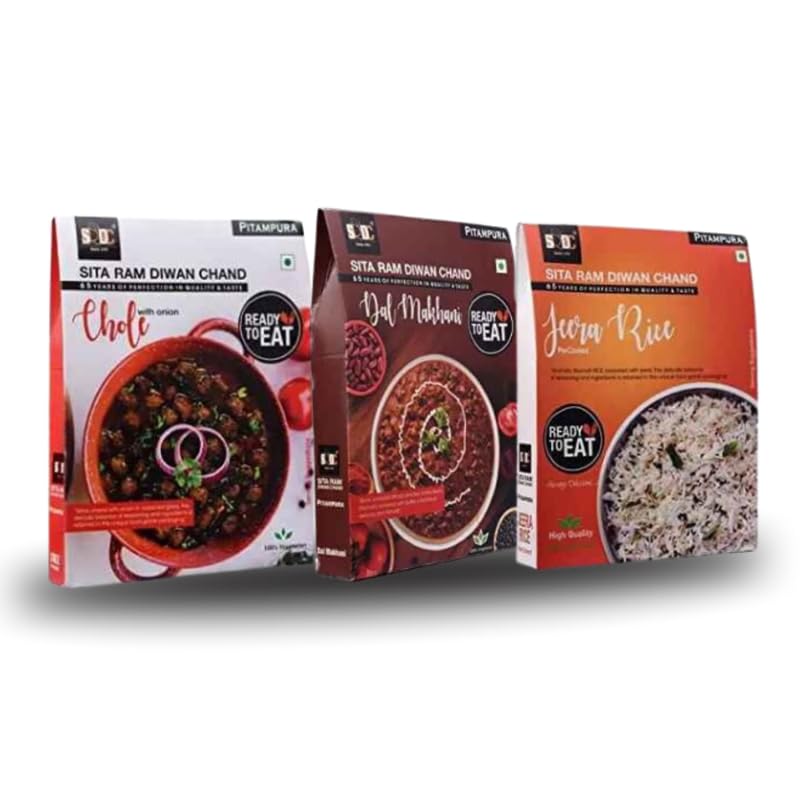 Sita Ram Diwan Chand Ready to Eat Chole with Onion | Dal Makhani | Jeera Rice 300 Gram Each| No Preservatives | No Artificial Flavors | 100% Natural Ingredients & Vegetarian | Tasty Snacks - Pack of 3