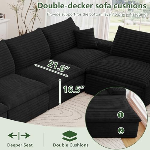 Image of 165 inch Cloud Couch Modular Sectional Sofa for Living Room, U-Shape Boneless Couch with Deep Seat, Modern Corduroy 7-Seater, No Assembly Required, Black