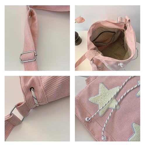 Image of Y2K Star Hobo Bag for Women - Corduroy Drawstring Crossbody Bag, Aesthetic Travel Shoulder Tote (Pink)