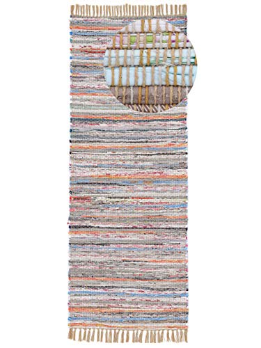 carpetfine Flickenteppich Kelim Chindi Läufer Taupe 80x300 cm | Fleckerlteppich aus Baumwolle für...
