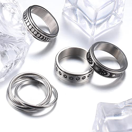 Cassieca 4 Pcs Stainless Steel Fidget Rings For Women Mens Spinner Rings Flower Moon Star Cool Anxiety Rings Stress Relieving Wedding Promise Rings Set Size 7 #TOP5
