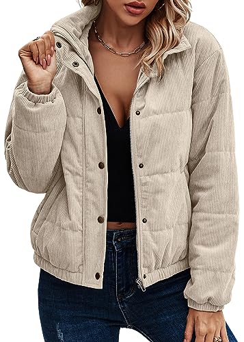 Angashion Women's Bomber Jacket Corduroy Ribbed Quilted Zip Up Long Sleeve Winter Coat Fall Outerwear Tops with Pockets Light Yellow X-Large