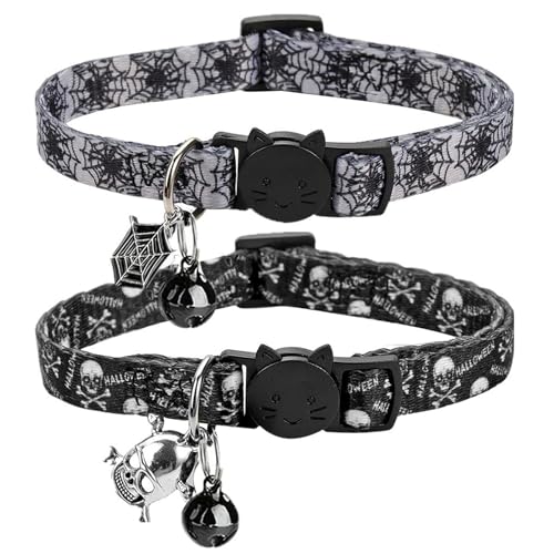 Wasise Lot de 2 colliers gothiques pour chat avec clochette, toile d'araignée et tête de mort, colliers d'Halloween avec clochette, accessoires gothiques...