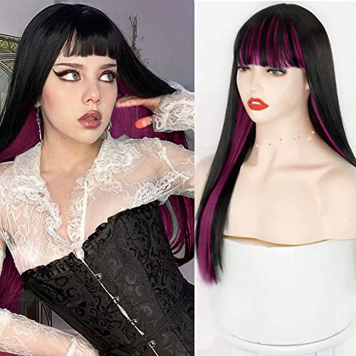 Image of Swiking Black Mix Rose Red Long Straight Wig with Bangs Silky Synthetic Replacement Hair Wig Heat Resisting Two Color Daily Party Cosplay Wigs